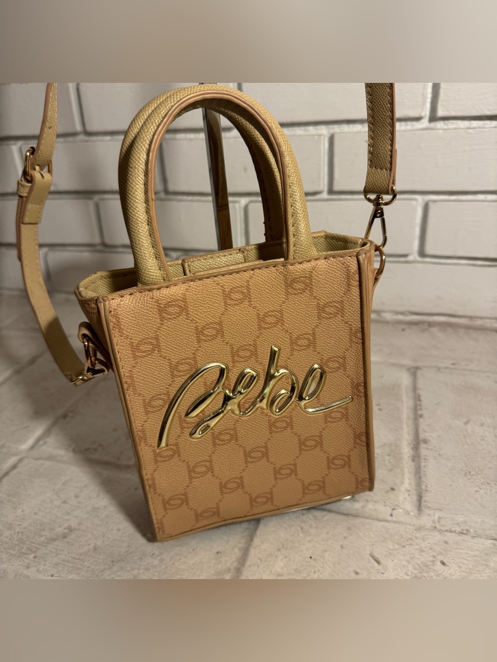 Bebe Mini Monogram Crossbody Tote Bag – Tan & Gold (Like New)